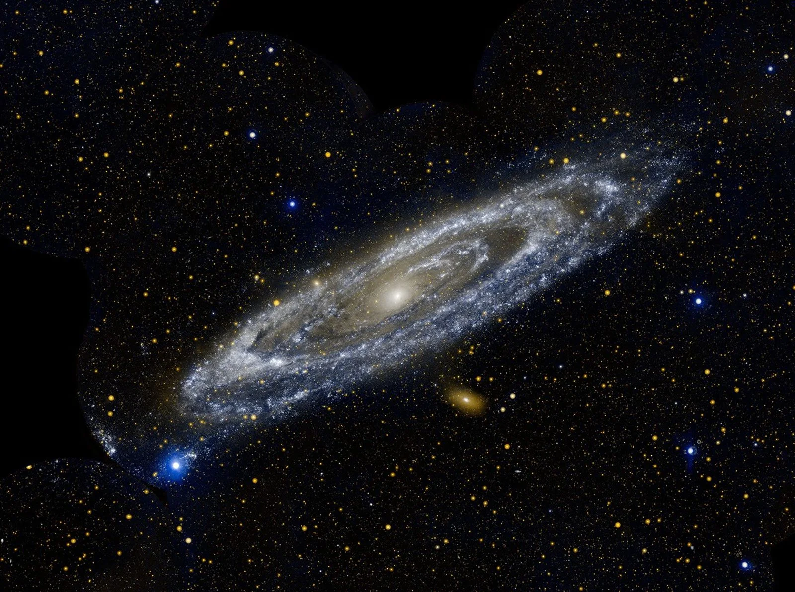 Andromeda's luminous blue spiral arms around a bright galactic core